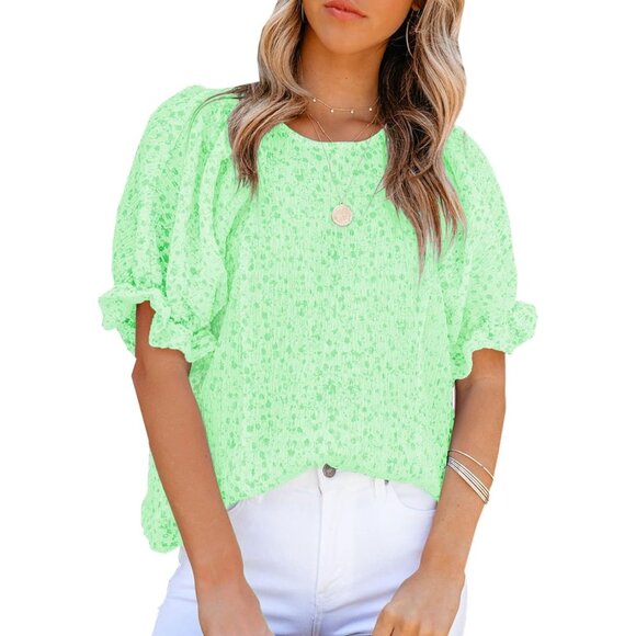 Women Green Print Blouse Crewneck Smocked Puff Sleeve Shirts Casual Babydoll Top - Picture 1 of 6